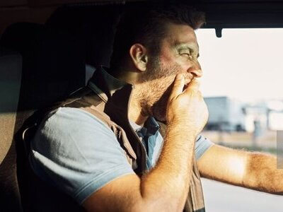 Motorista exausto a bocejar enquanto conduz